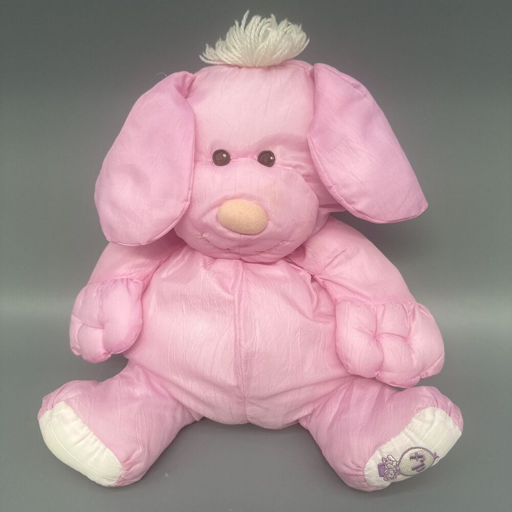 Vintage 1986 Fisher Price Puffalumps Pink Puppy Dog Nylon 12" Plush Soft Eyes